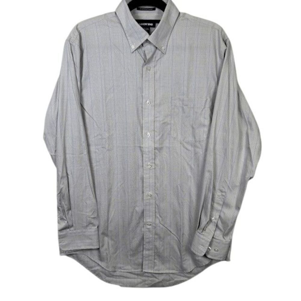 Lands' End Supima Pinpoint No Iron Dress Shirt Trad Fit Plaid Gray 16 / 34